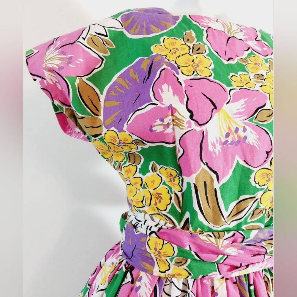Vibrant Vintage 50s floral dress cotton handmade tropical dress - Picture 4 of 10